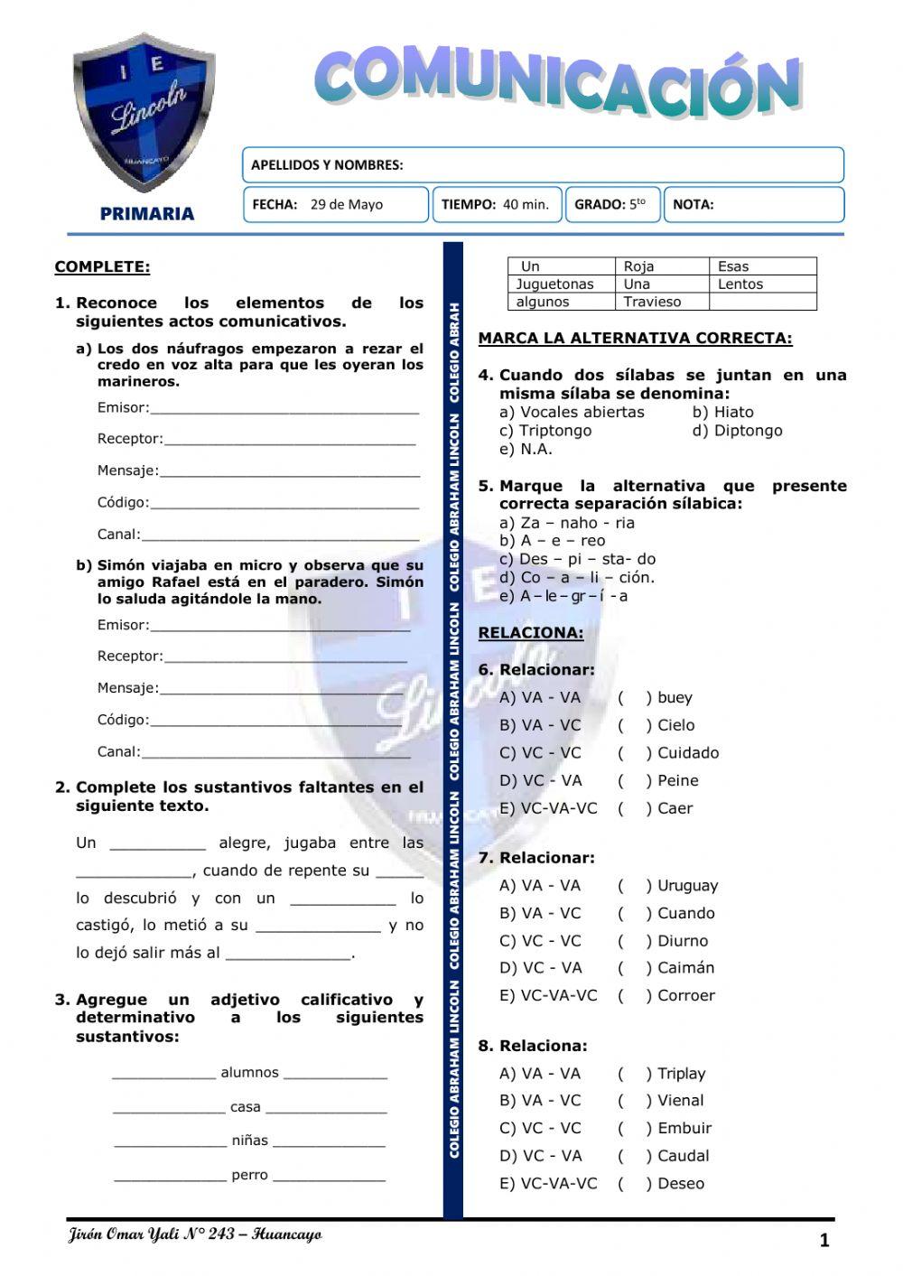 Exam. 1er Bim - 5to de Primaria