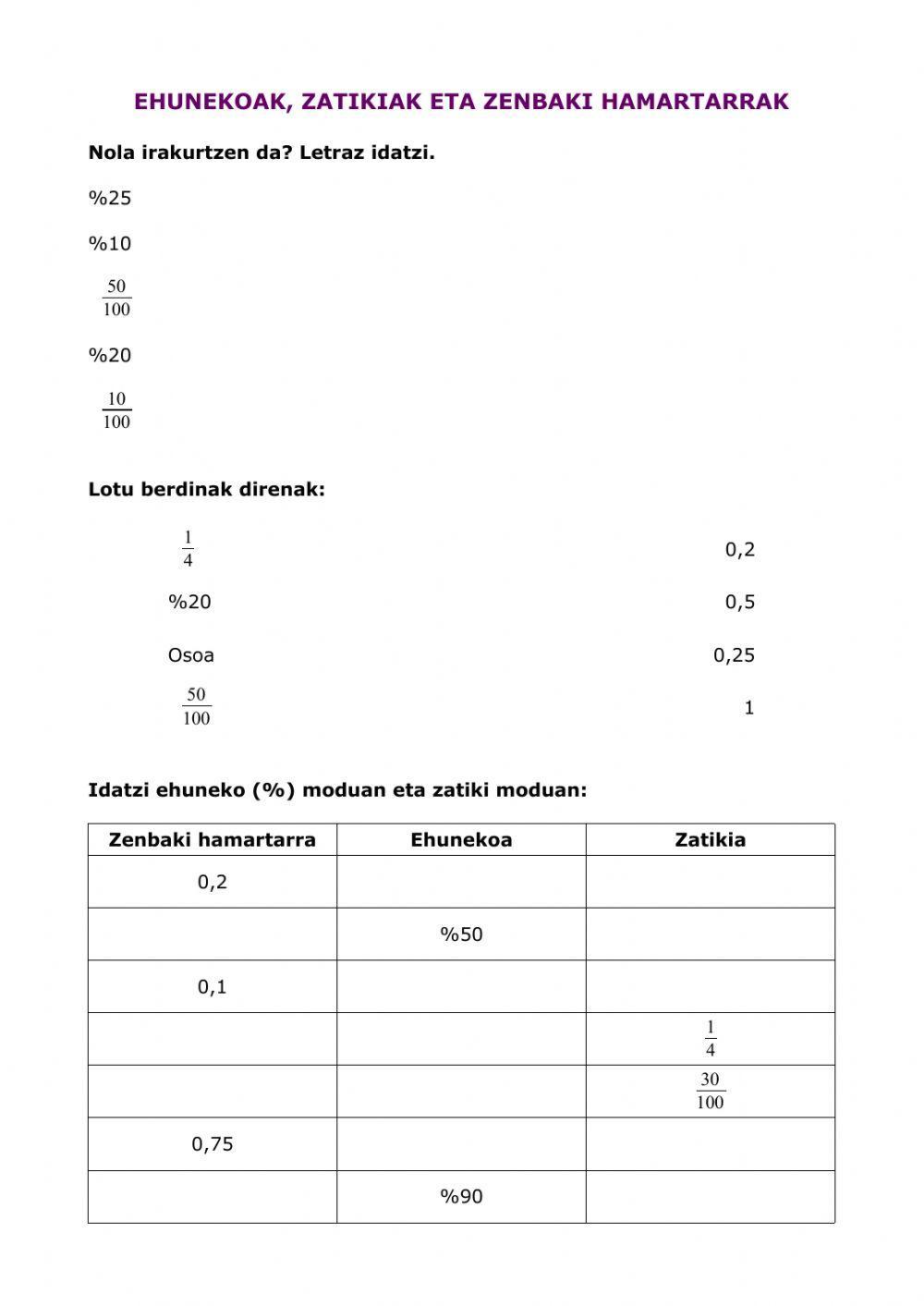 Ehunekoak, zatikiak eta zenbaki hamartarrak