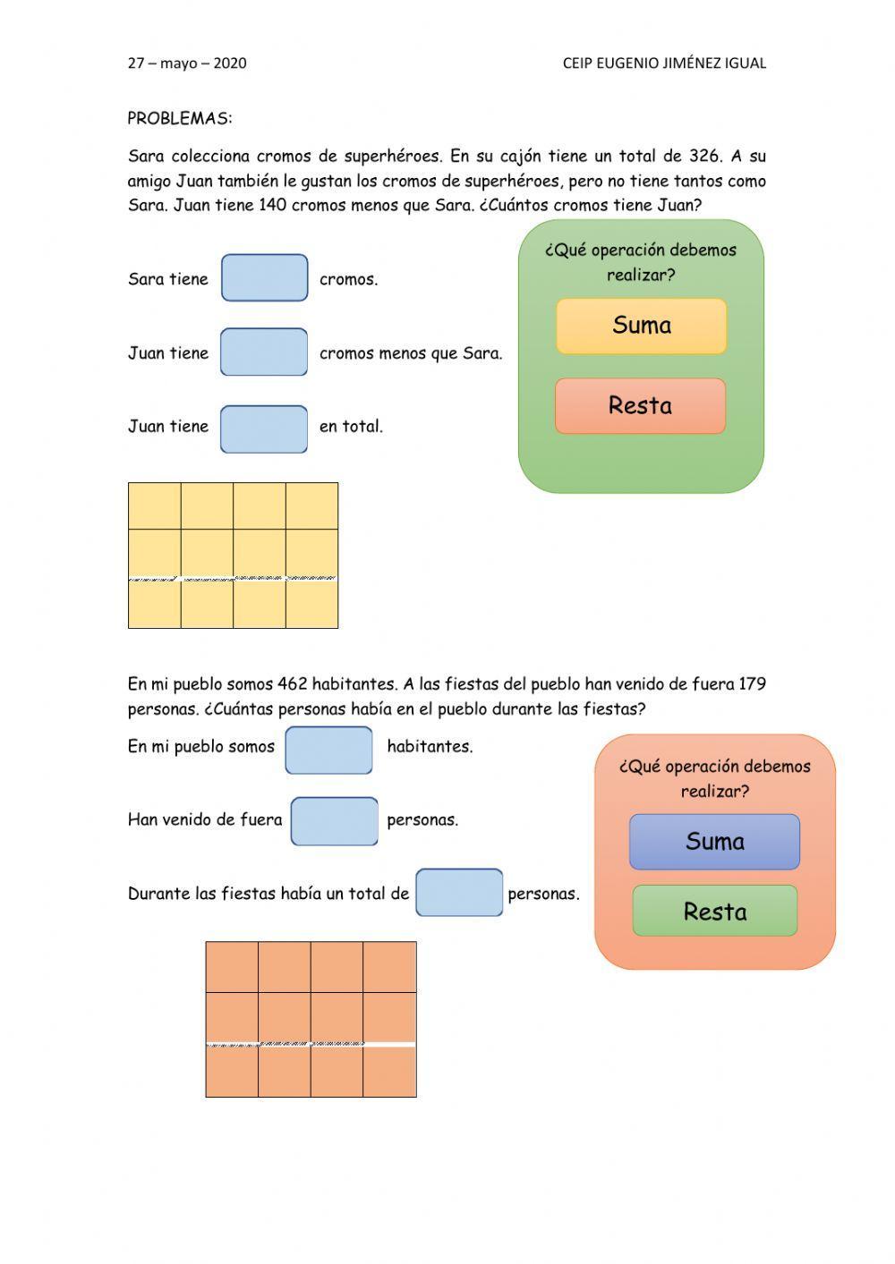 Problemas de matemáticas de sumas y restas con llevadas