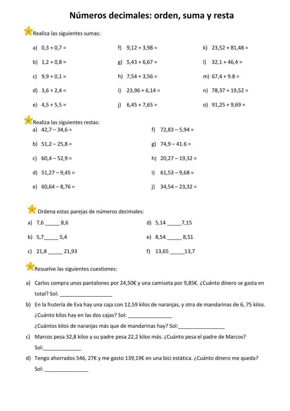 Decimales: orden, suma y resta