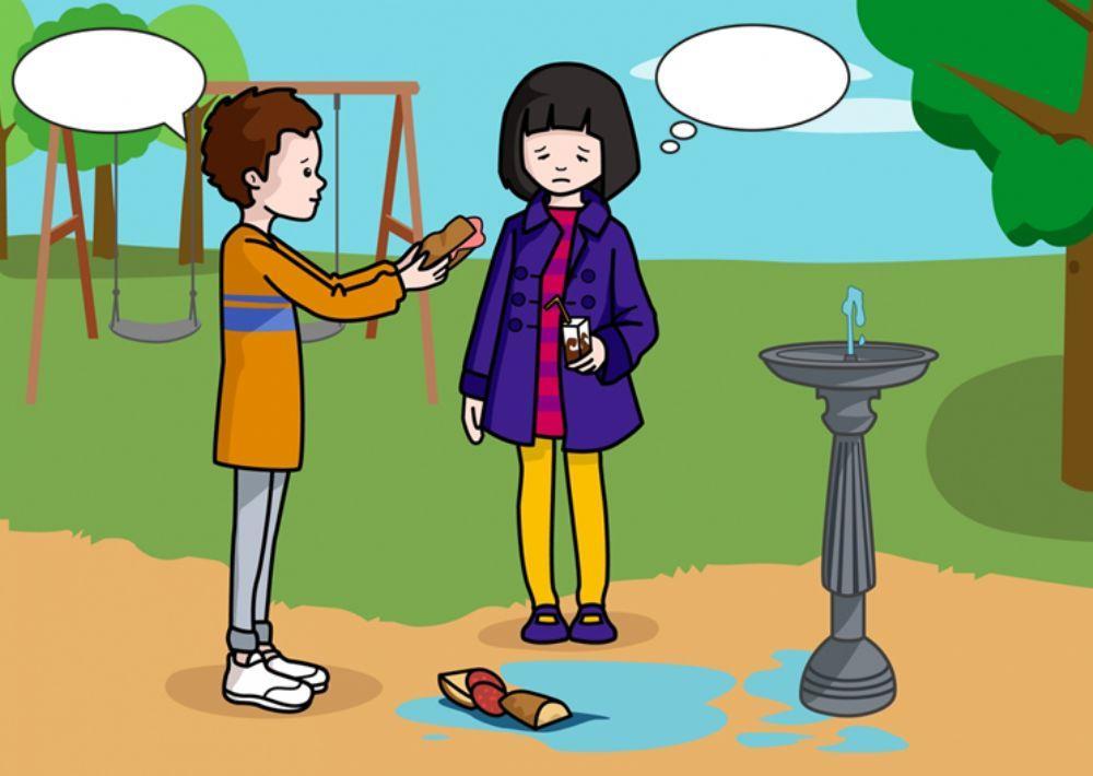 Practicamos diálogos. El niño comparte el bocadillo con la niña