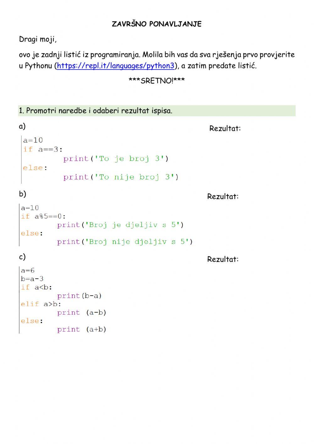 Ponavljanje if elif else for while