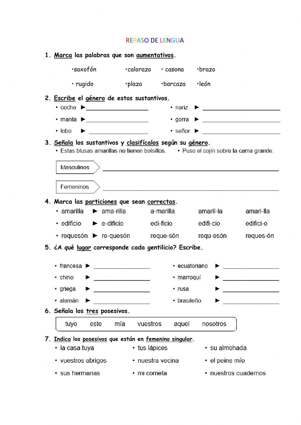 Repaso lengua vocabulario worksheet | Live Worksheets