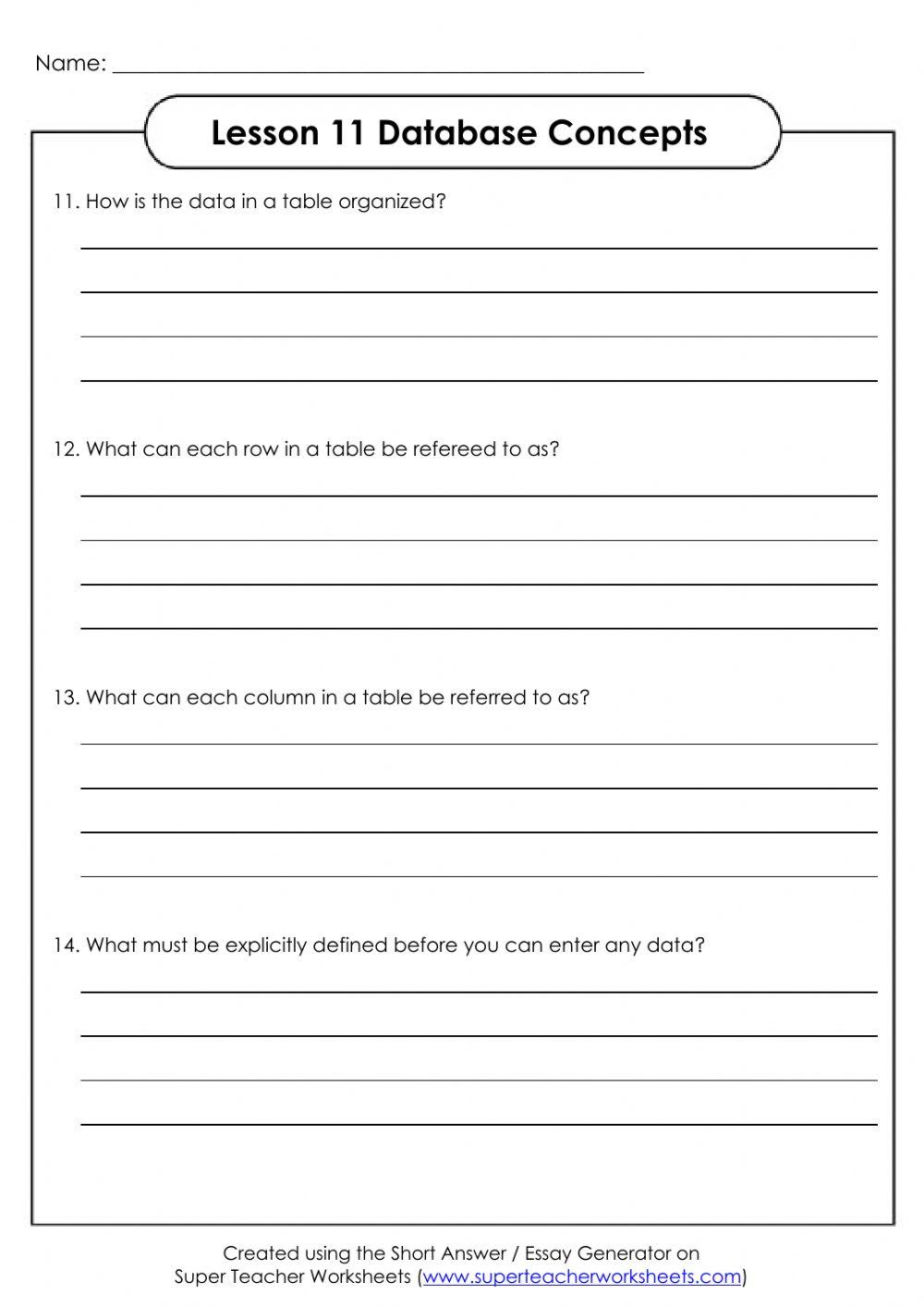 Lesson 11: Database Concepts Short Answer Questions