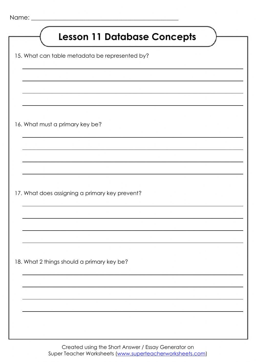 Lesson 11: Database Concepts Short Answer Questions