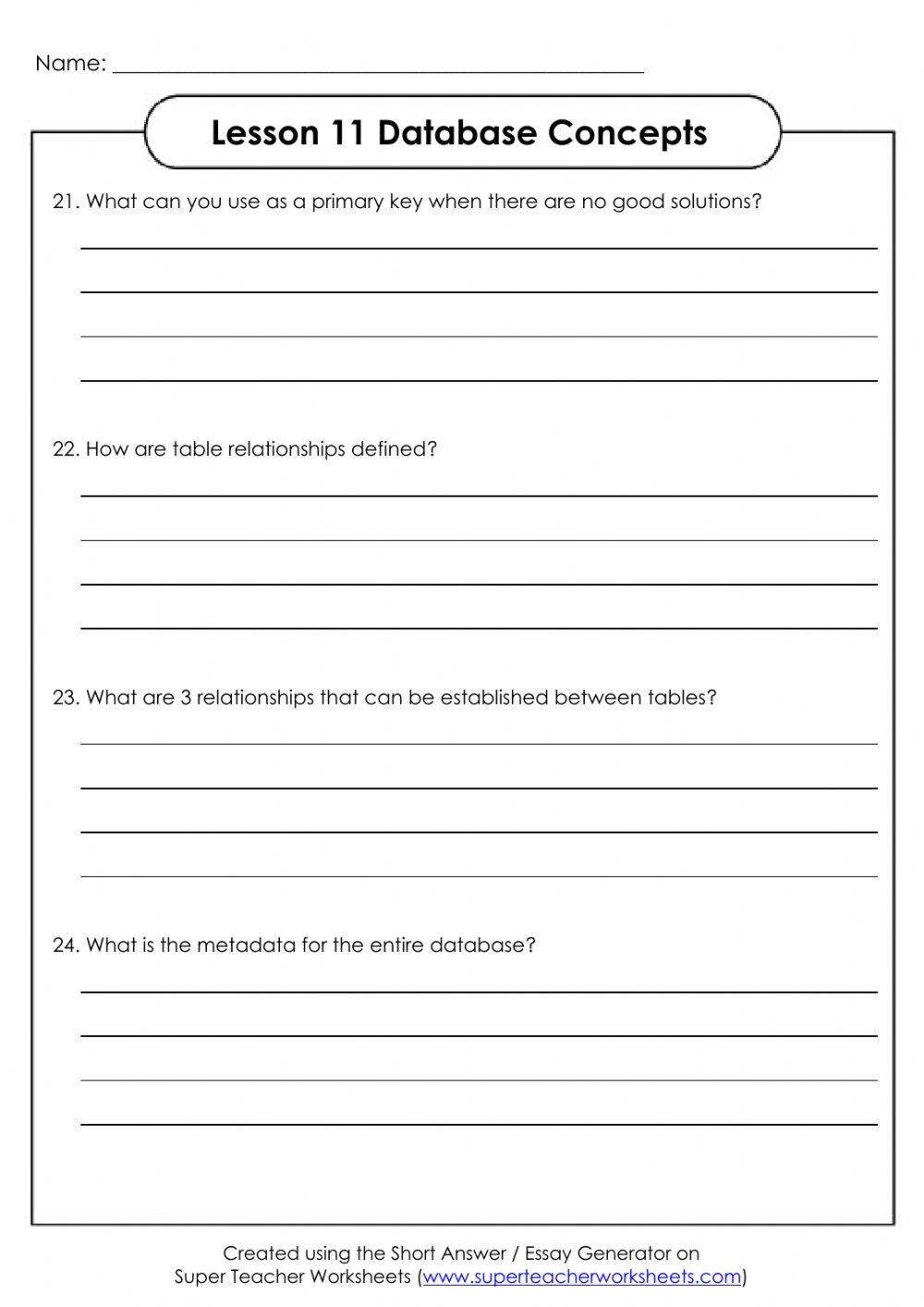 Lesson 11: Database Concepts Short Answer Questions