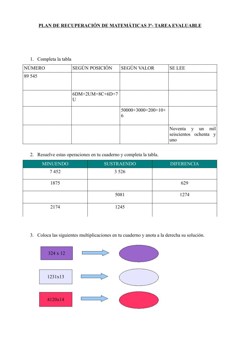 Tarea evaluable Recuperación MATEMÁTICAS 3º