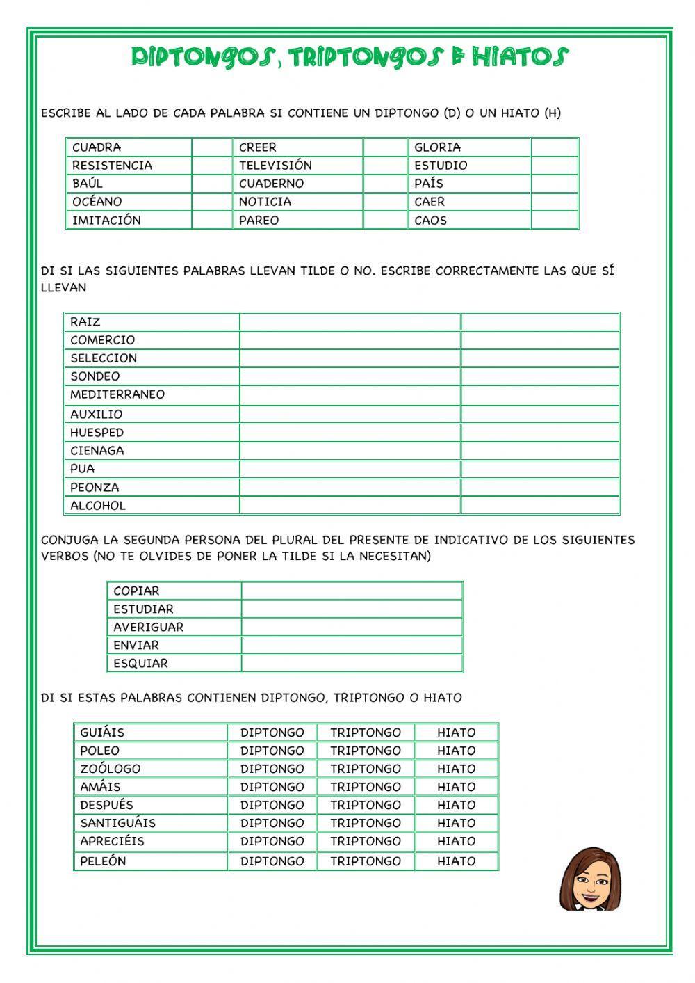 La tilde en diptongos, triptongos e hiatos worksheet | Live Worksheets