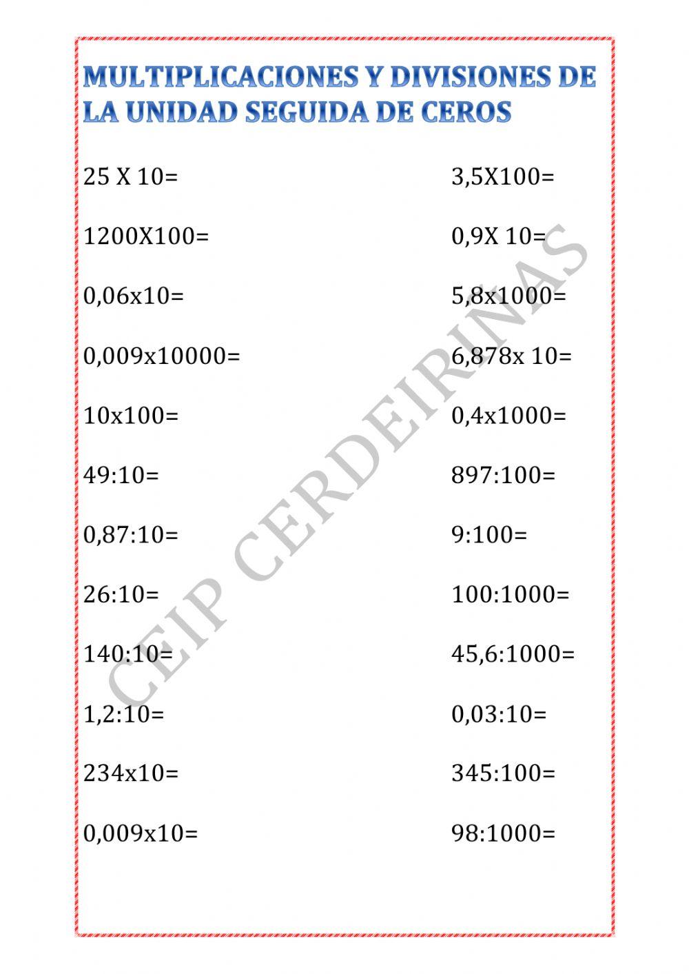 Multiplicación y división de la unidad seguida de ceros