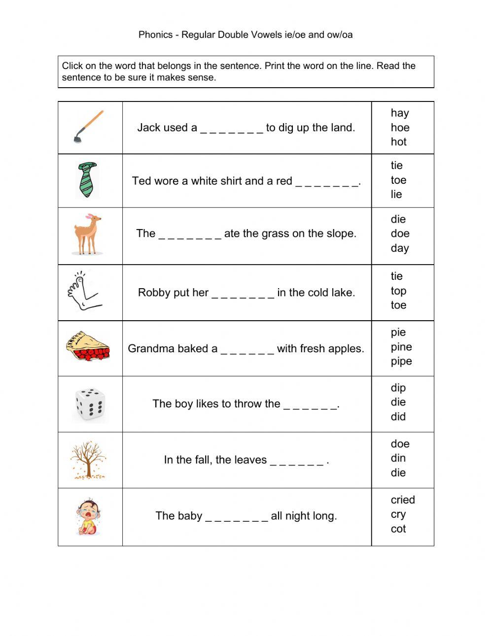 Phonics - Regular Double Vowels ie-oe-ow-oa