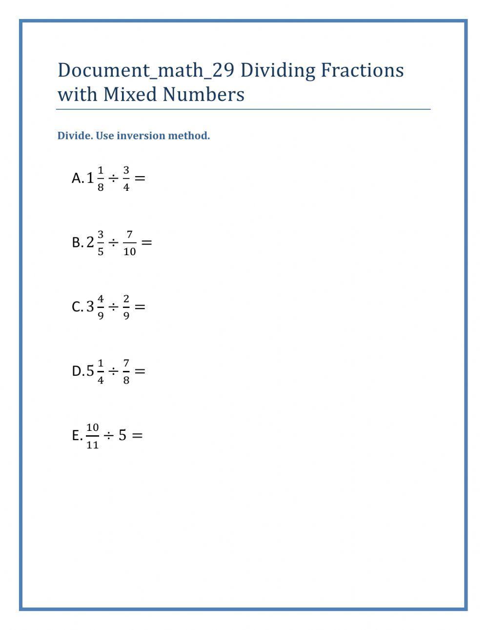 Dividing Fractions with Mixed Numbers worksheet | Live Worksheets Dividing Fractions with Mixed Numbers worksheet | Live Worksheets