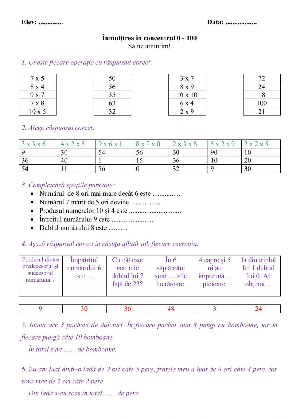 Înmulțirea numerelor naturale în concentrul 0-100