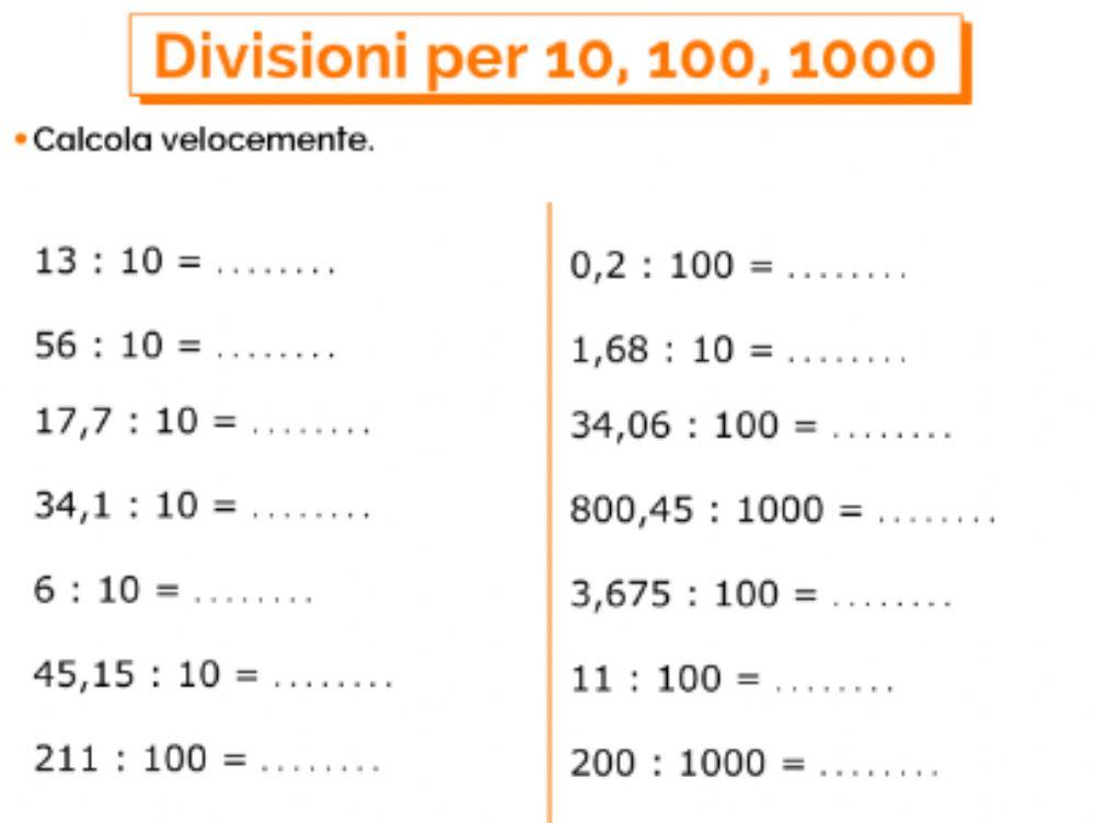 Divisione Per 10 100 E 1000 Divisioni per 10-100-1000 con i numeri decimali 231881