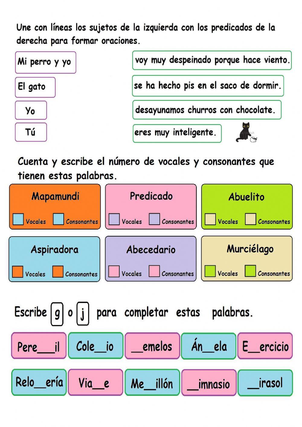 Abecedario, g o j, sujeto y predicado.