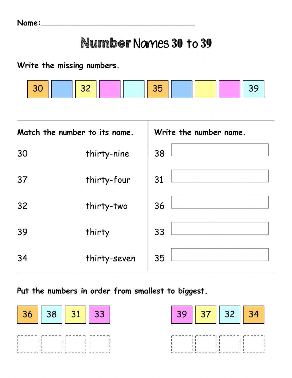 Number Names 30 to 39