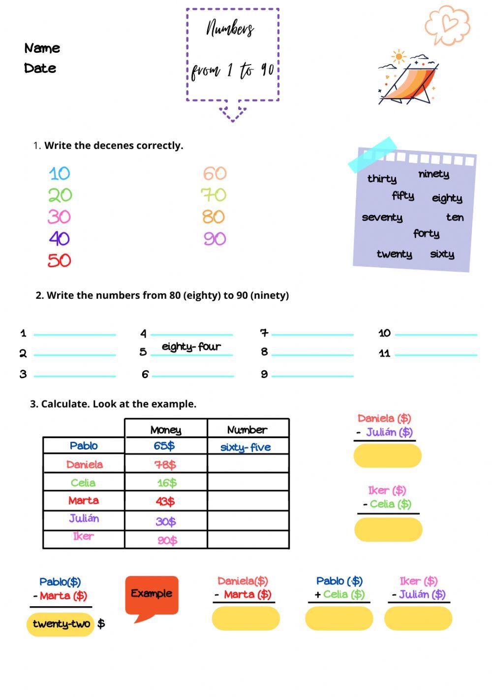 Numbers from 1 to 90