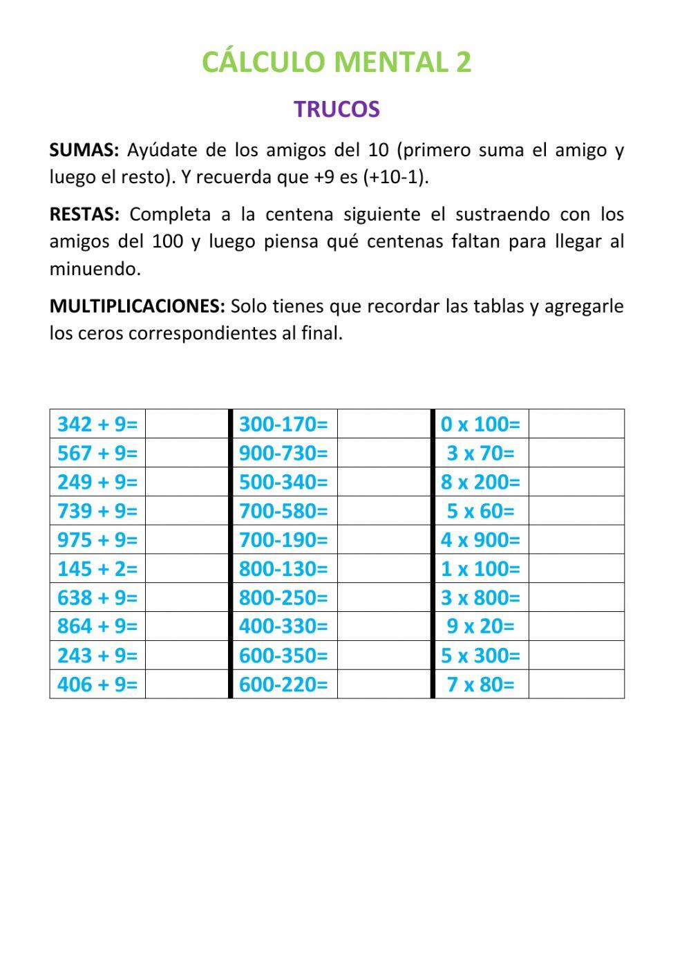 Cálculo mental sumas, restas y multiplicaciones