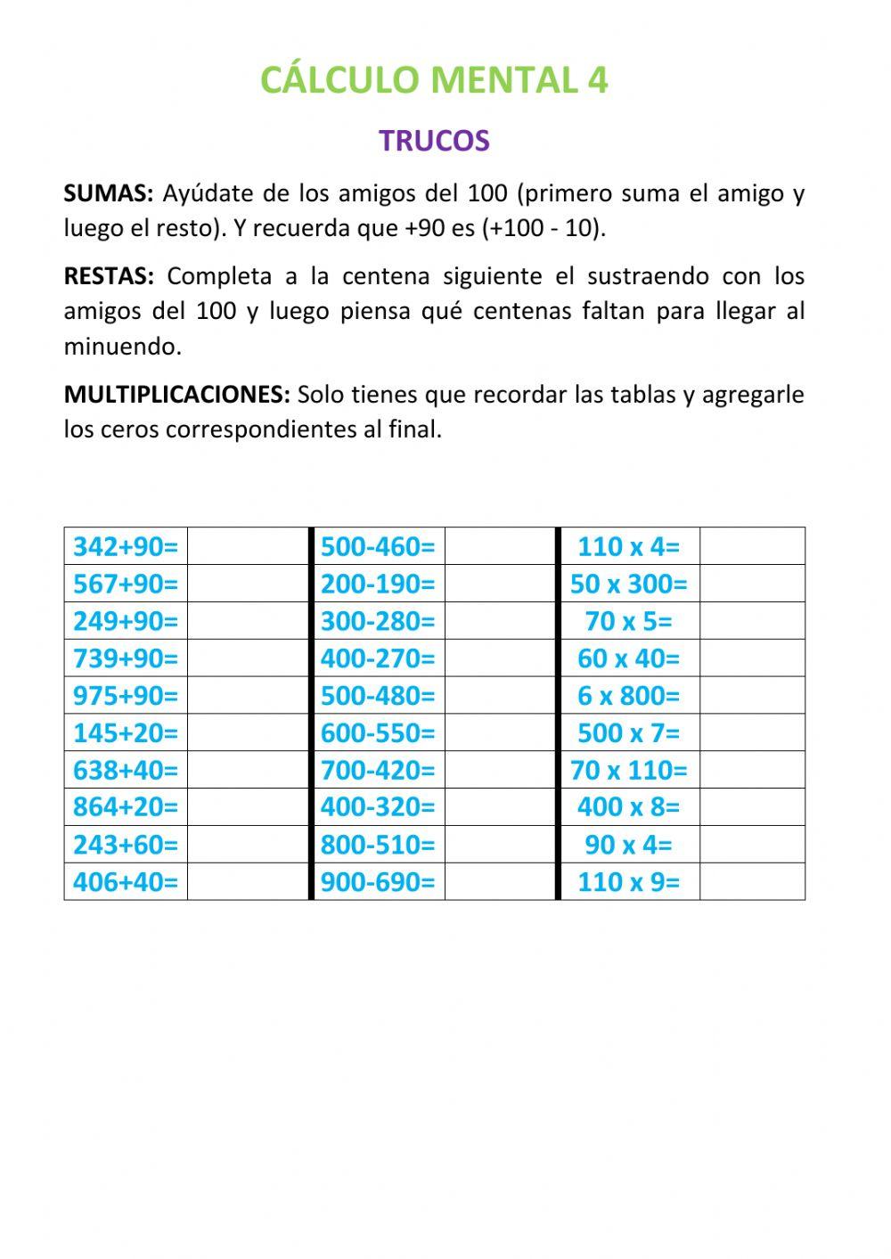 Cálculo mental sumas, restas y multiplicaciones
