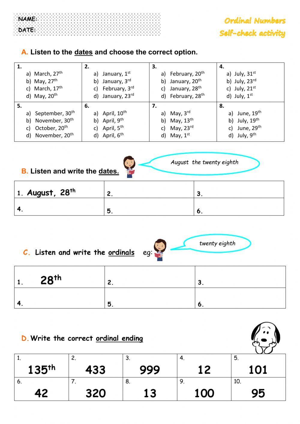 1st - Ordinal Numbers - Self-check A