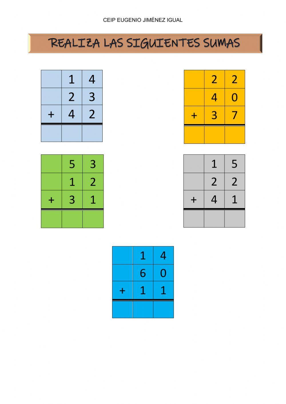 Sumas de tres números con dos cifras sin llevar