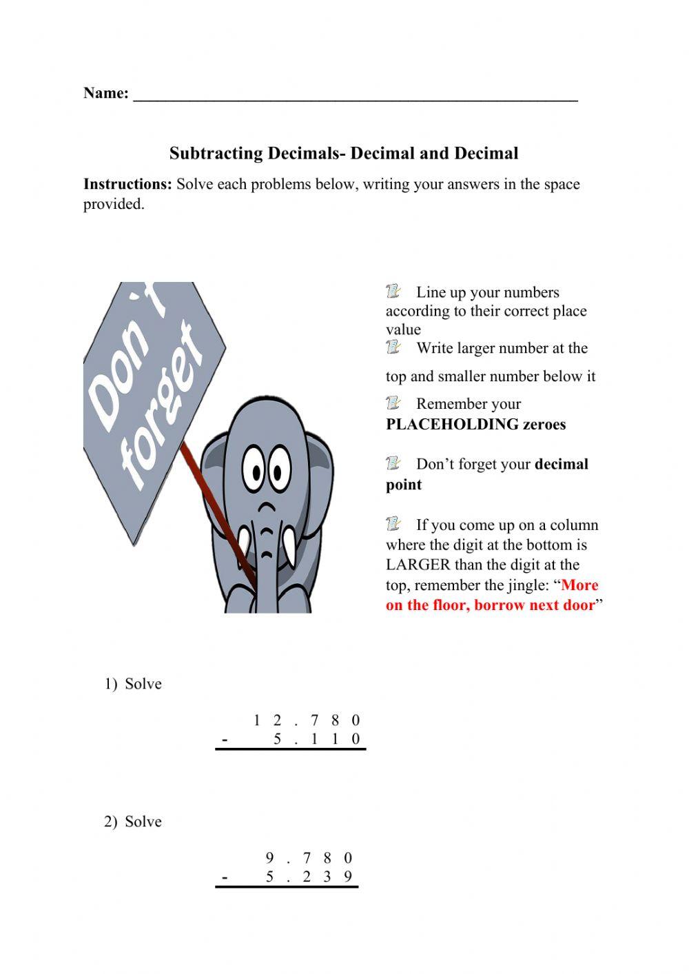 Subtraction of Decimals Subtraction of Decimals