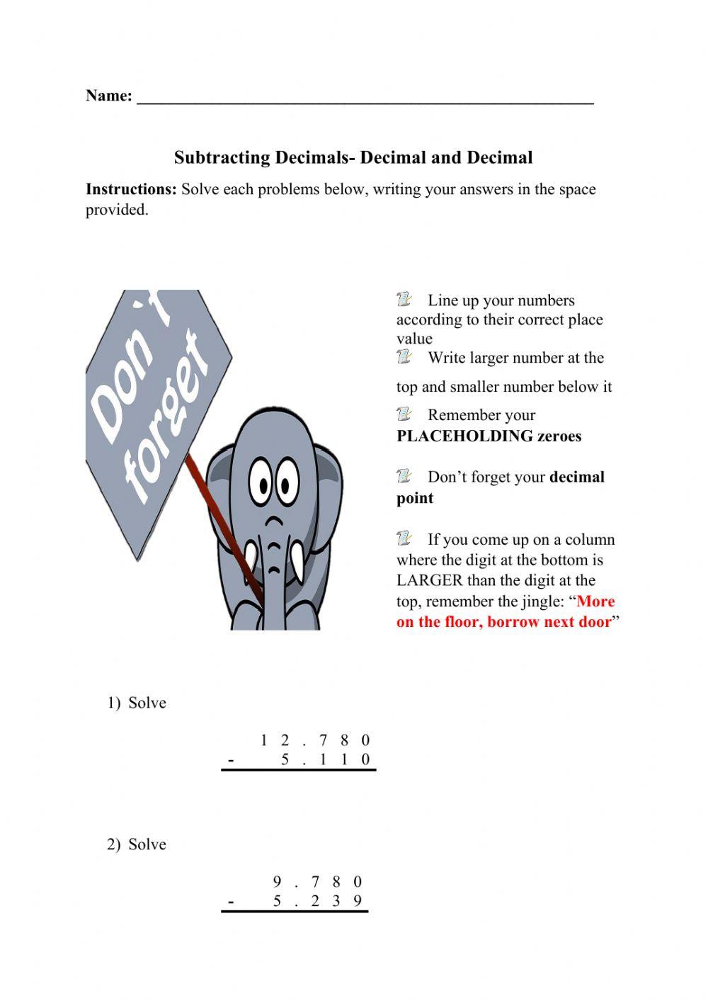 Subtraction of Decimals