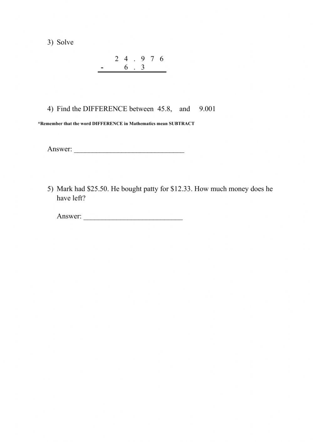 Subtraction of Decimals Subtraction of Decimals