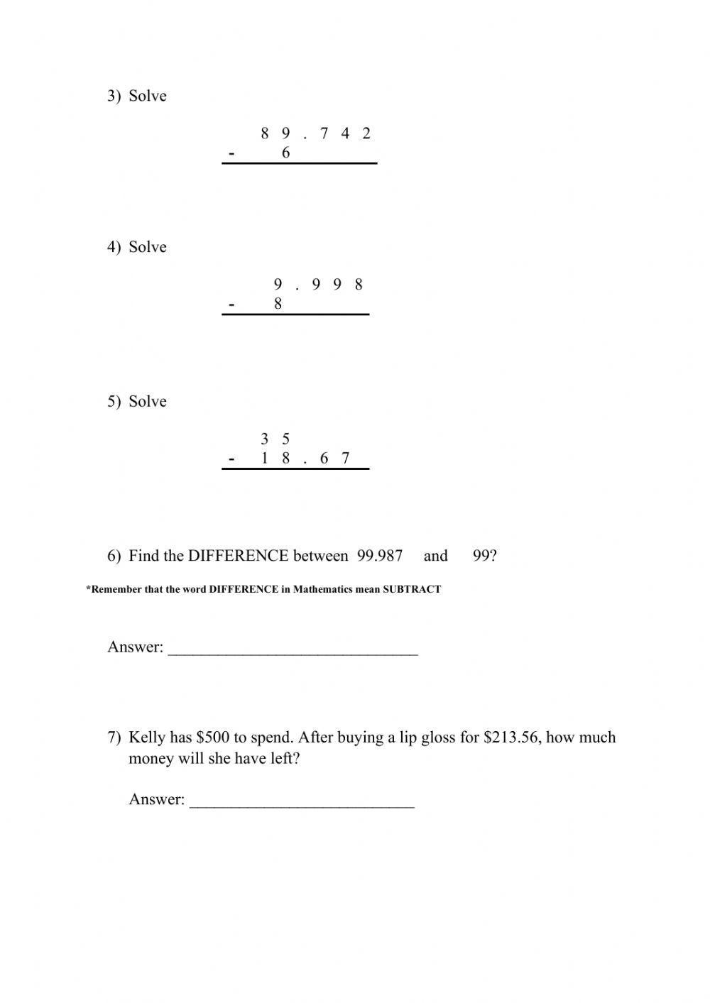 Subtraction of decimals- Decimal and Whole number