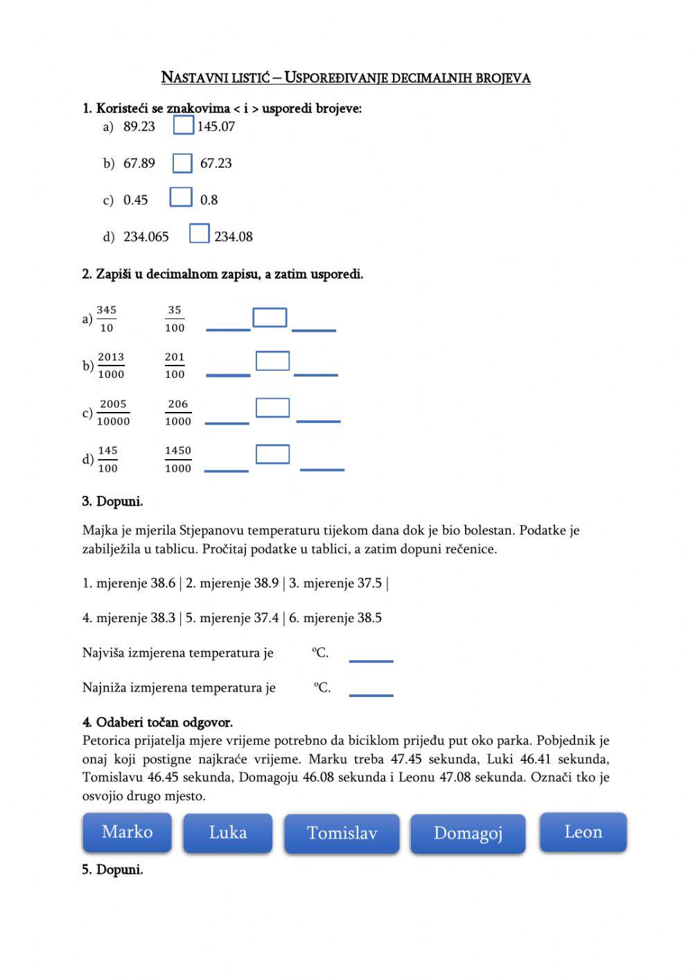 Nastavni listić - Uspoređivanje decimalnih brojeva