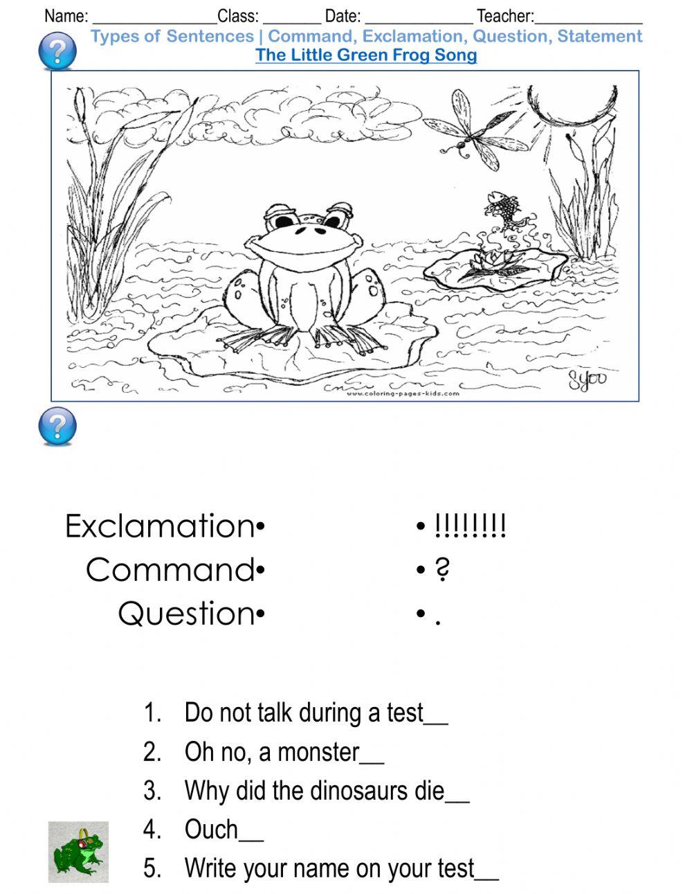 Types of Sentences - Command, Exclamation, Question, Statement The Little Green Frog Song