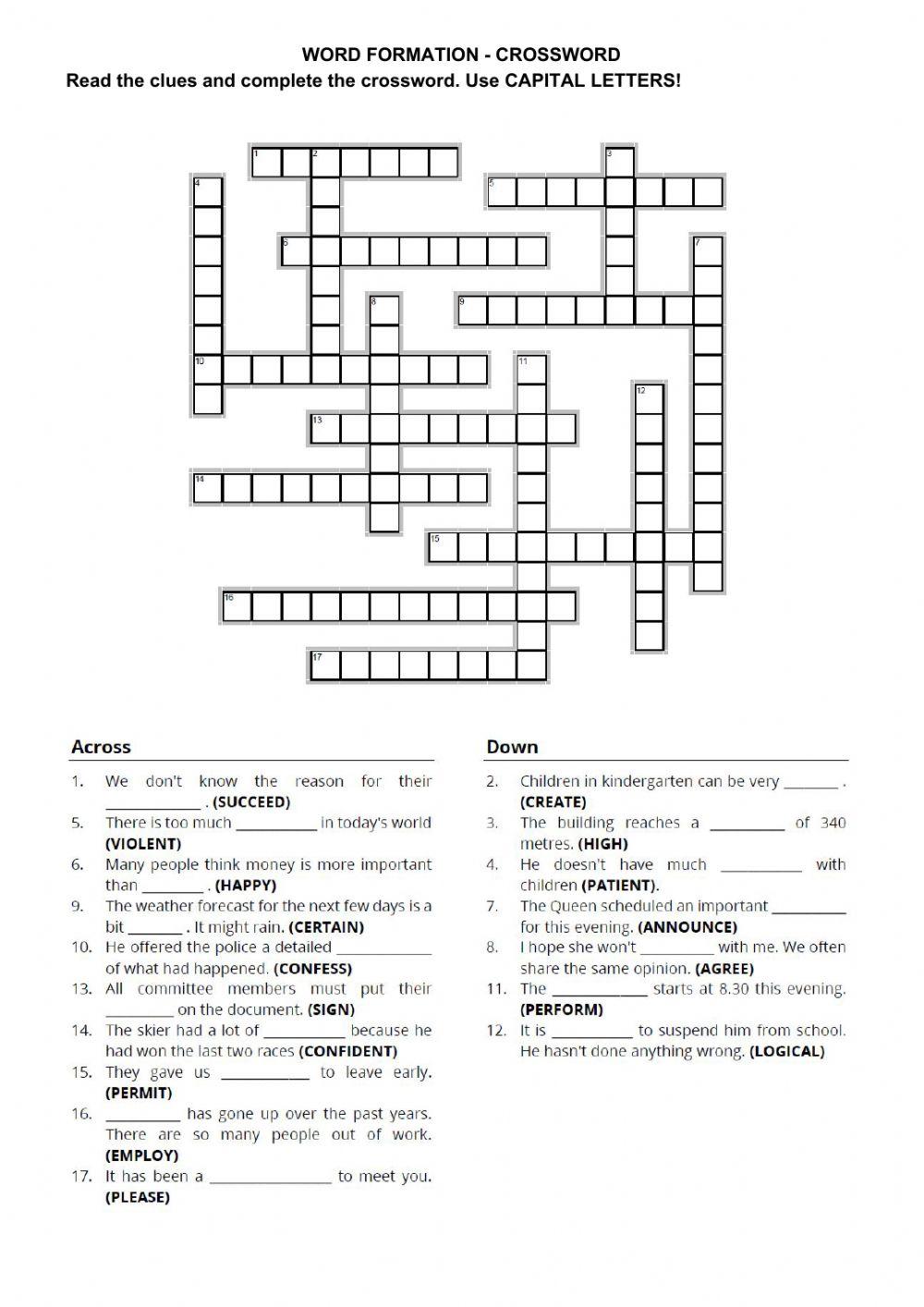 Word formation crossword online exercise for Live Worksheets