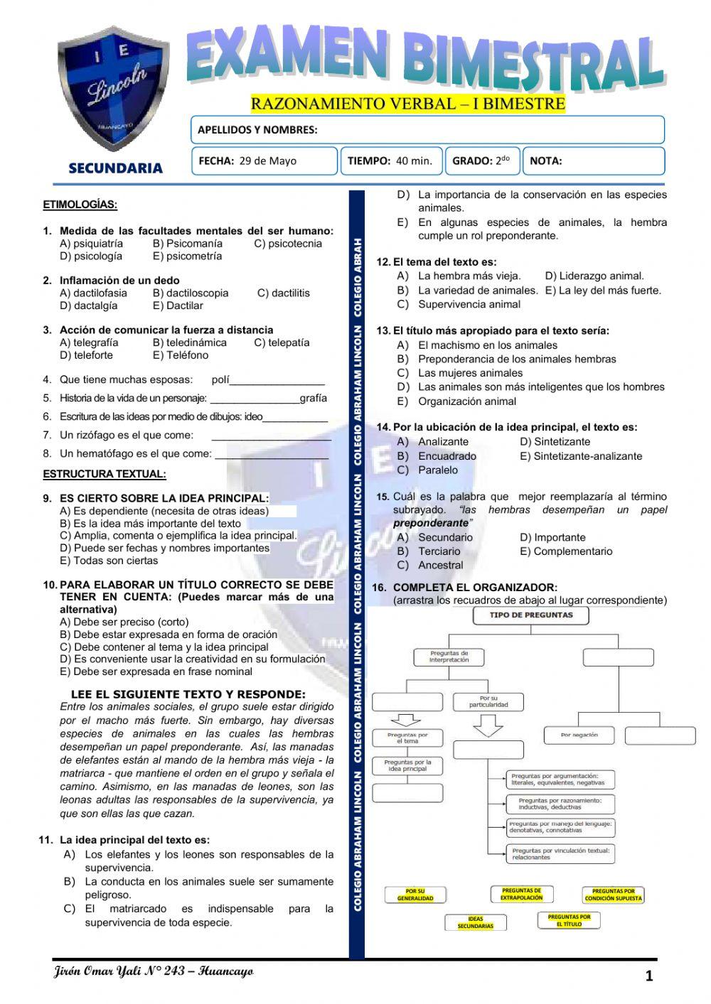 Exam. 1er Bim - 2do de Sec.