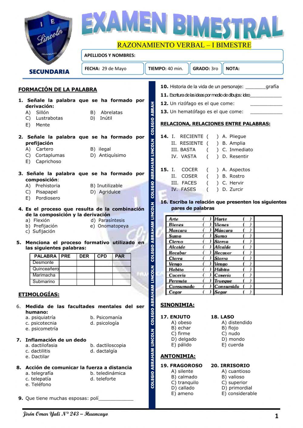 Exam. 1er Bim - 3ro de Secundaria
