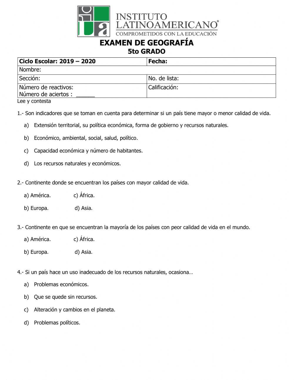 Examen de Geografía V bimestre