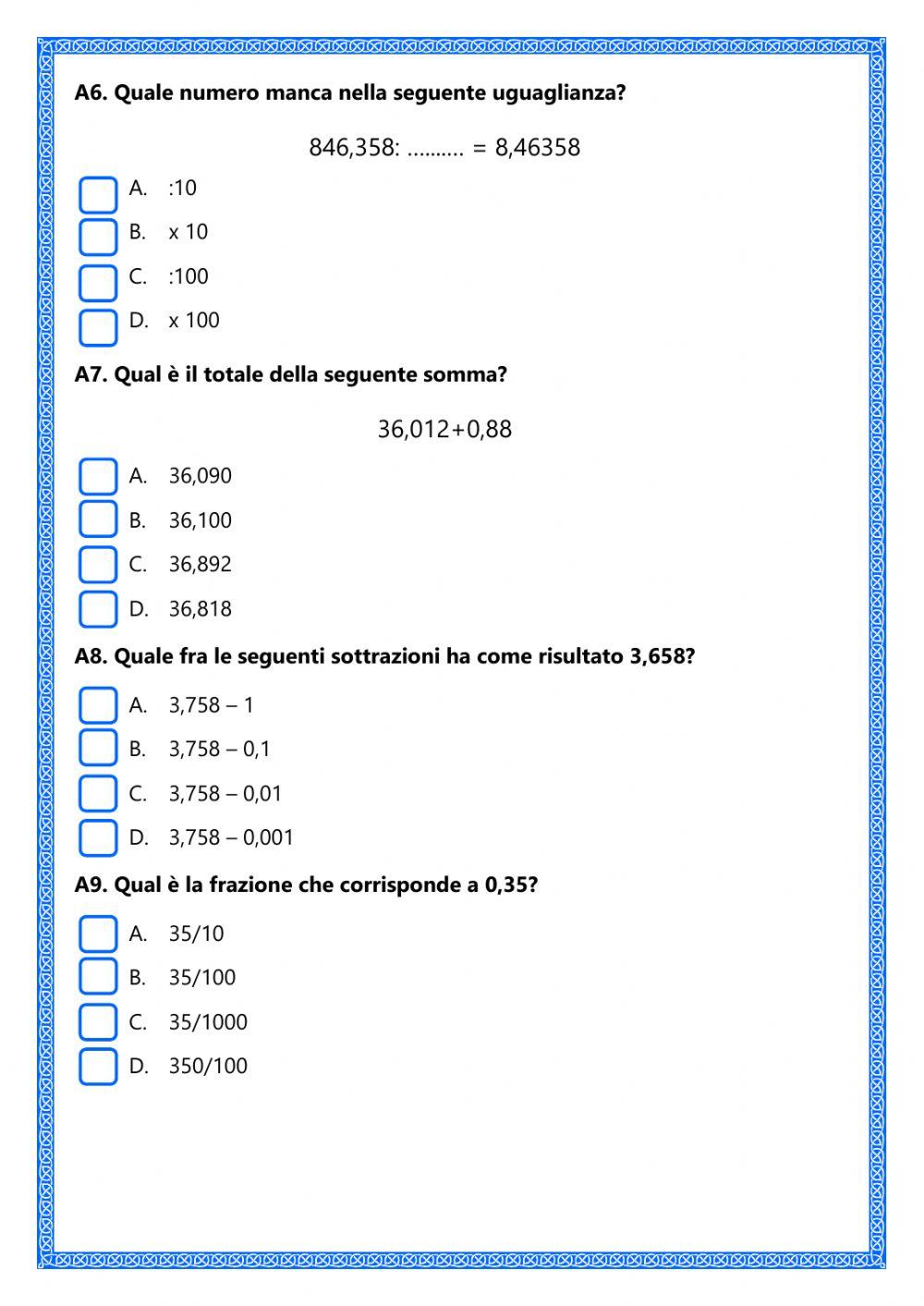 Verifica matematica classe quarta
