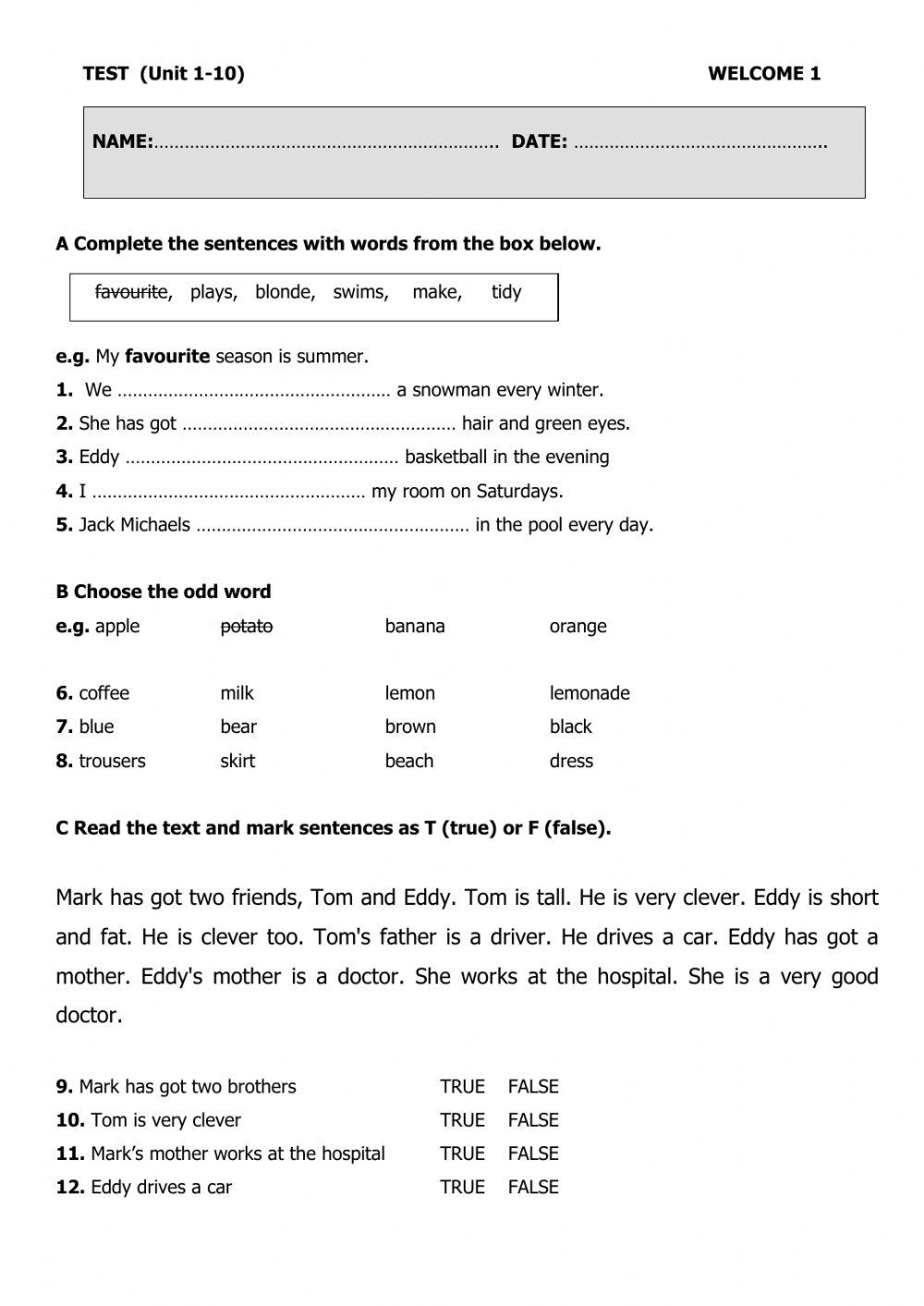Welcome 1 unit 1-10 Test