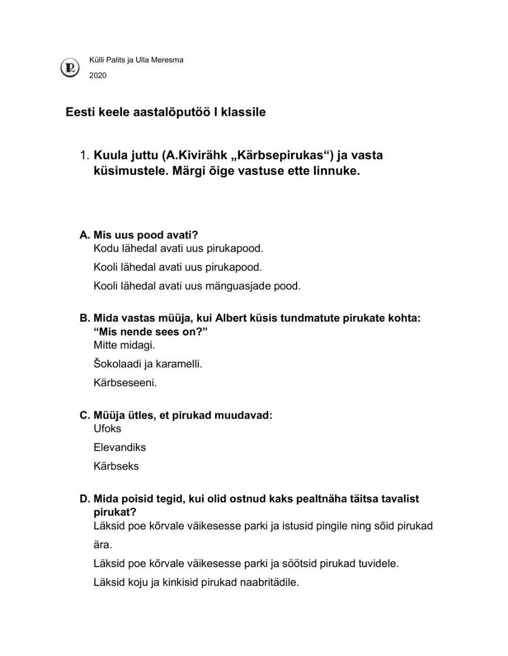 I kl eesti keele kokkuvõttev töö