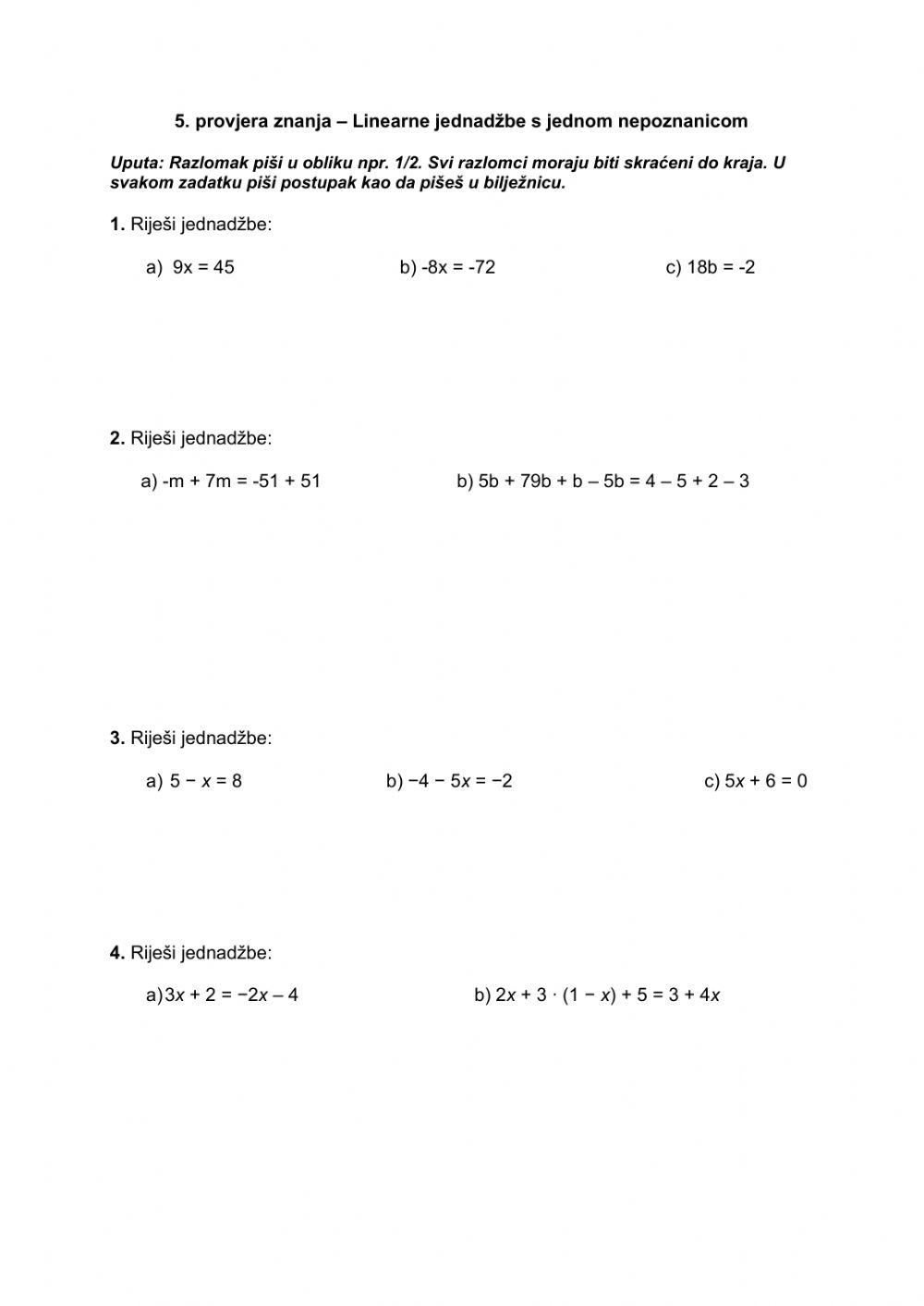 5. provjera znanja - Linearna jednadžba s jednom nepoznanicom