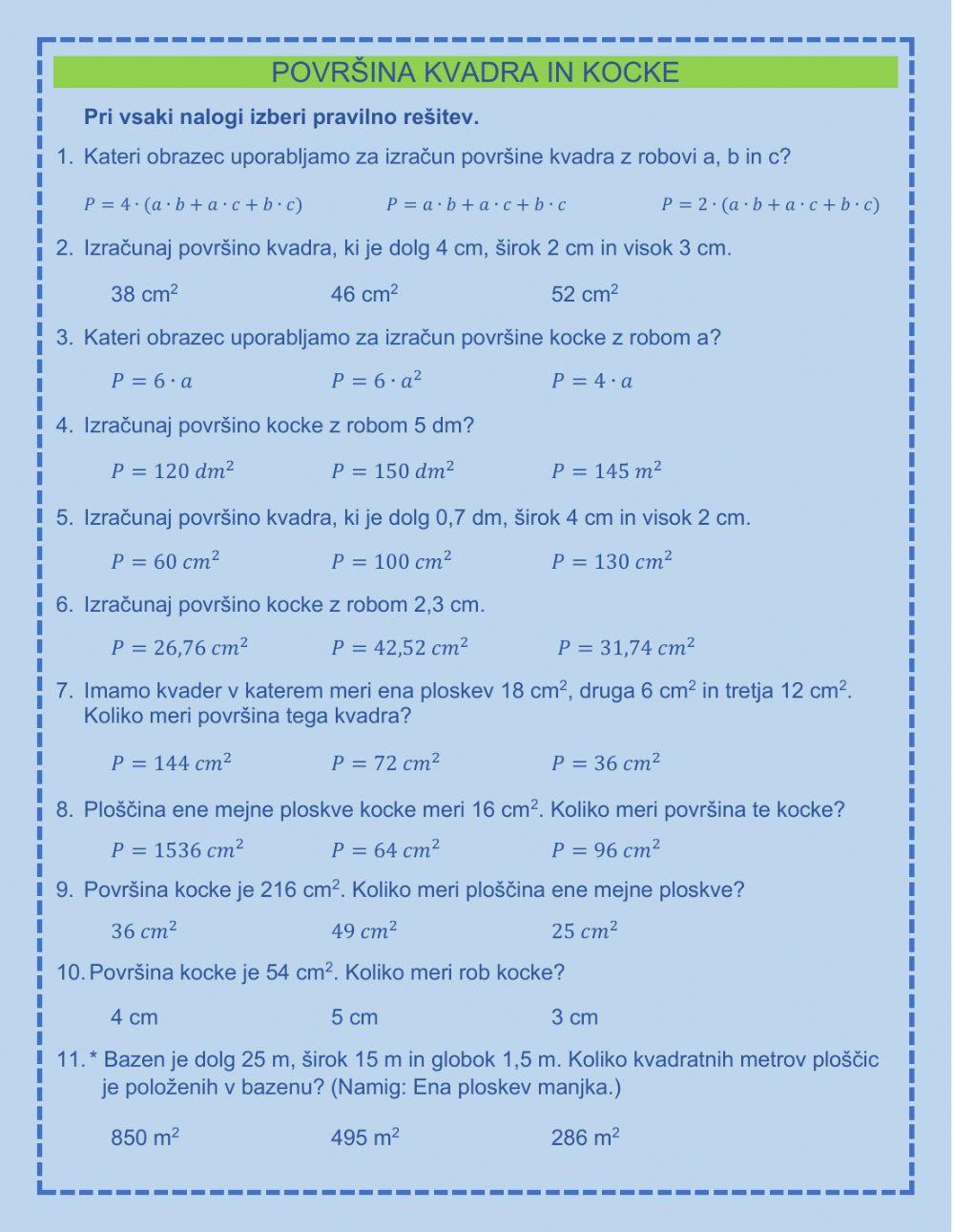 POVRŠINA KVADRA IN KOCKE
