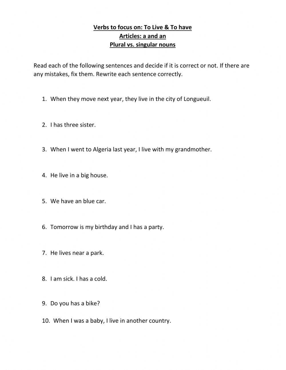 Make corrections: Verbs to live and to have Make corrections: Verbs to live and to have