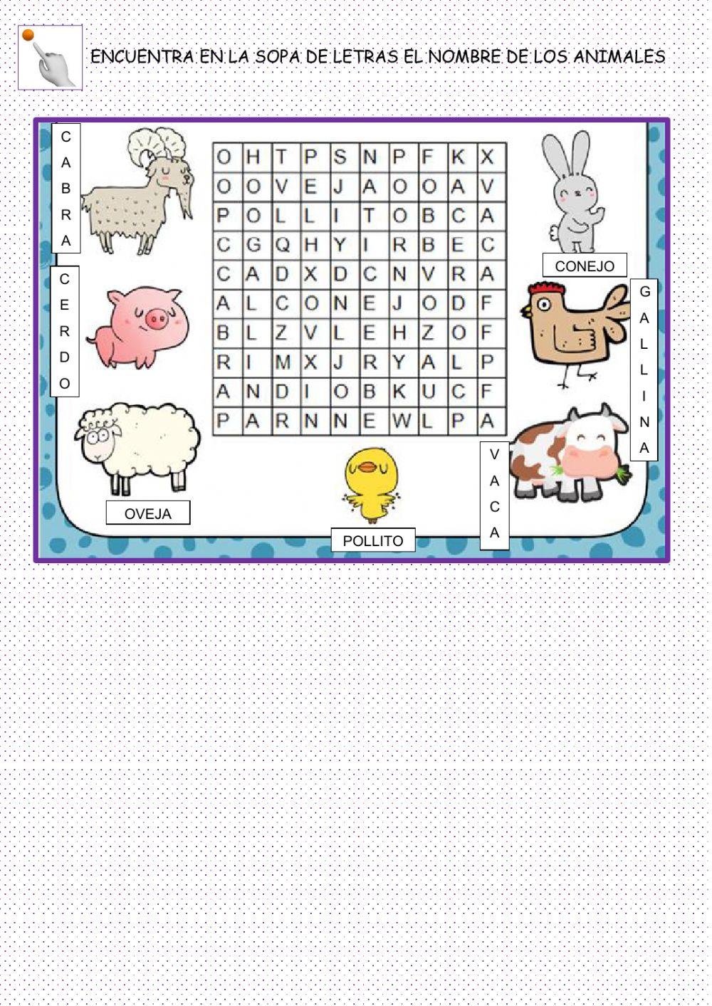 Encuentra en la sopa de letras el nombre de los animales