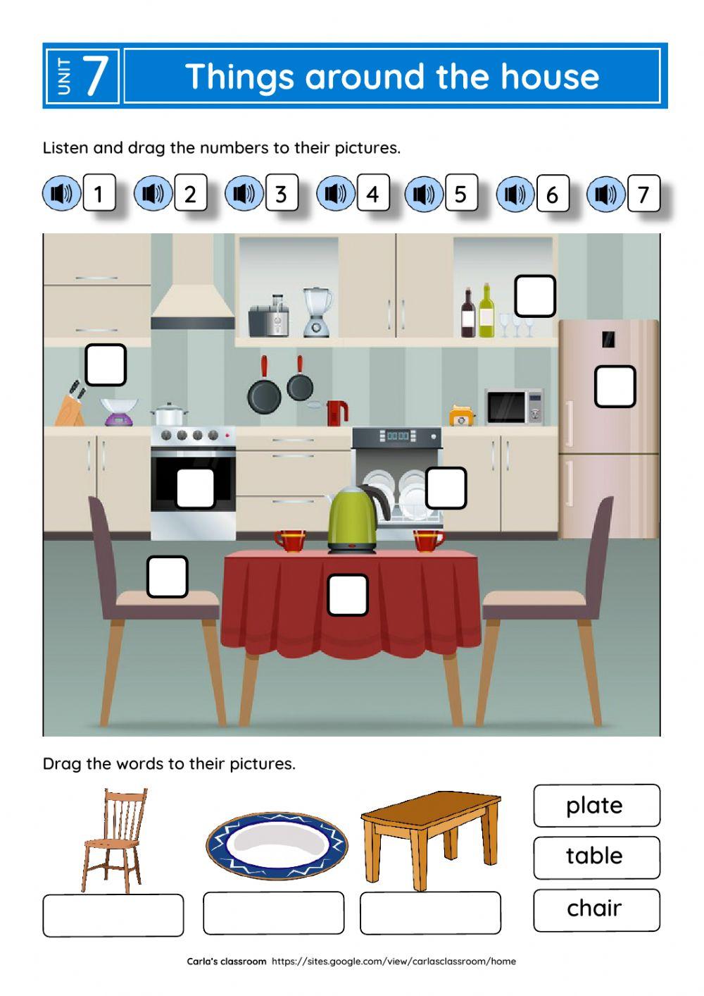 Things around the house (listen, drag and drop)