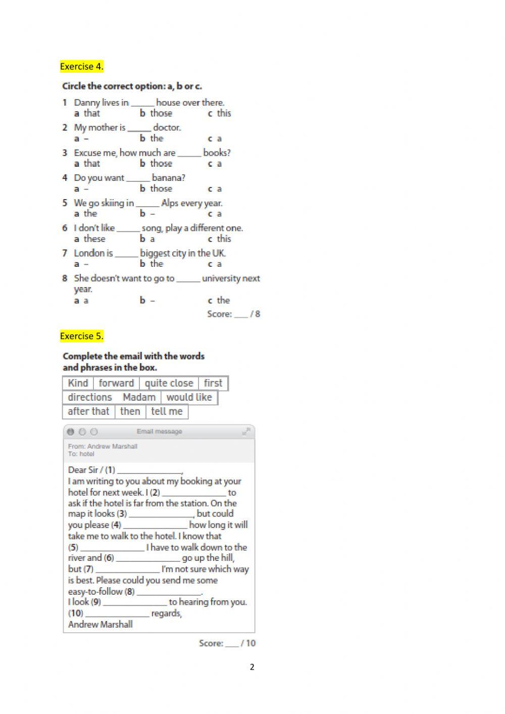 TE7 test unit6 The place to be: directions, demonstratives, article, formal letter
