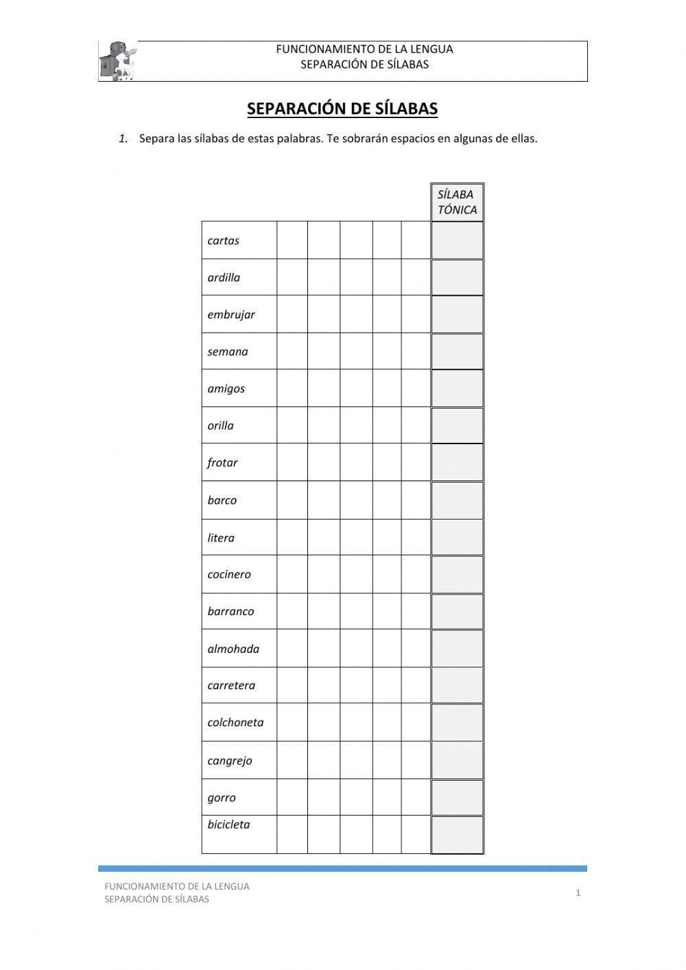 Separación de sílabas, sílaba tónica