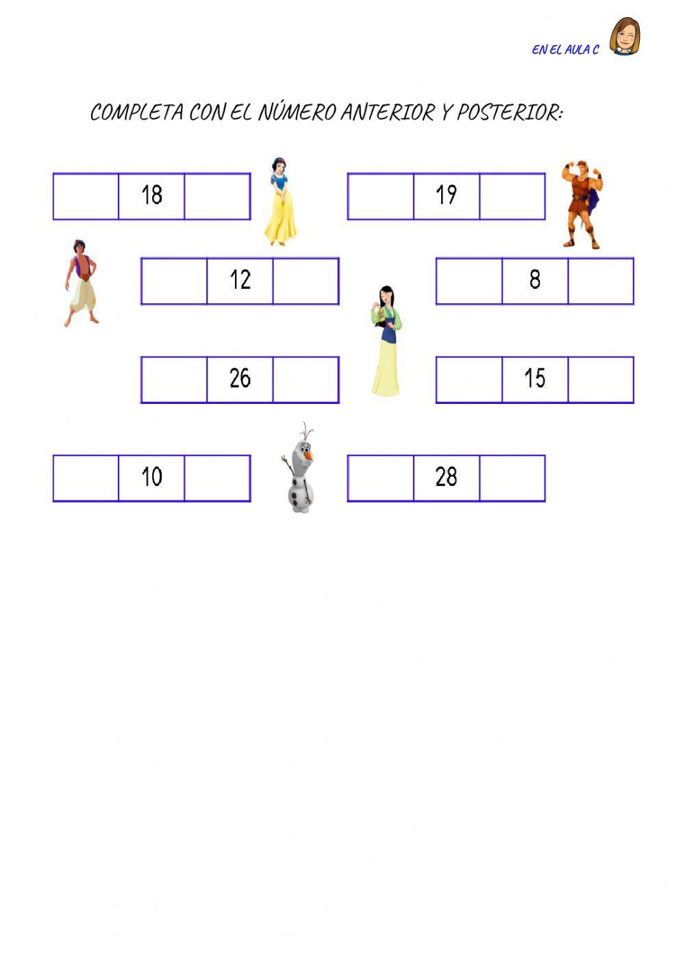 Numeros 1 al 29: anterior y posterior