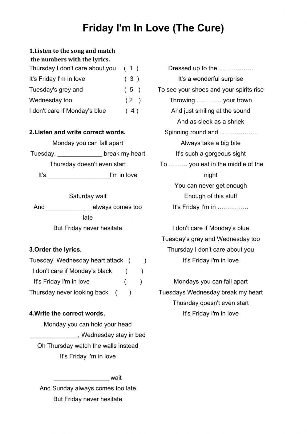 Friday i am in love song worksheet worksheet live worksheets
