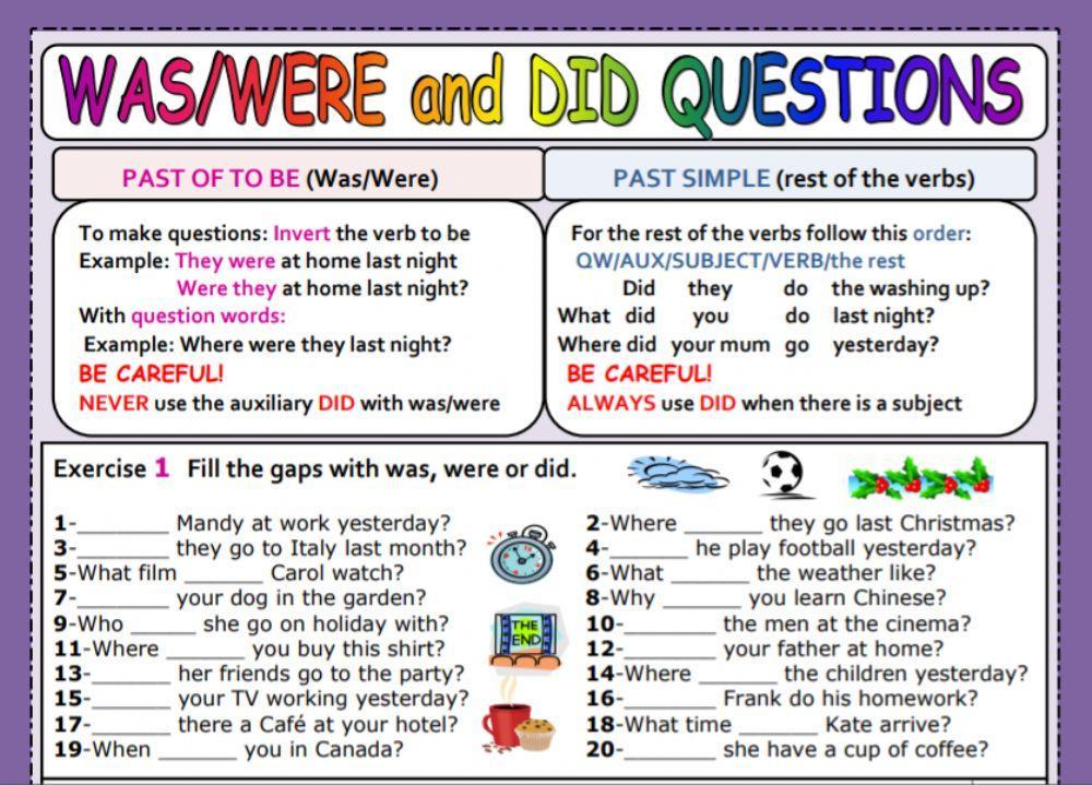 Liveworksheets past simple present simple. Вопросы с was were. Past simple was were правило. There is there are past simple. Was were did правило past simple.