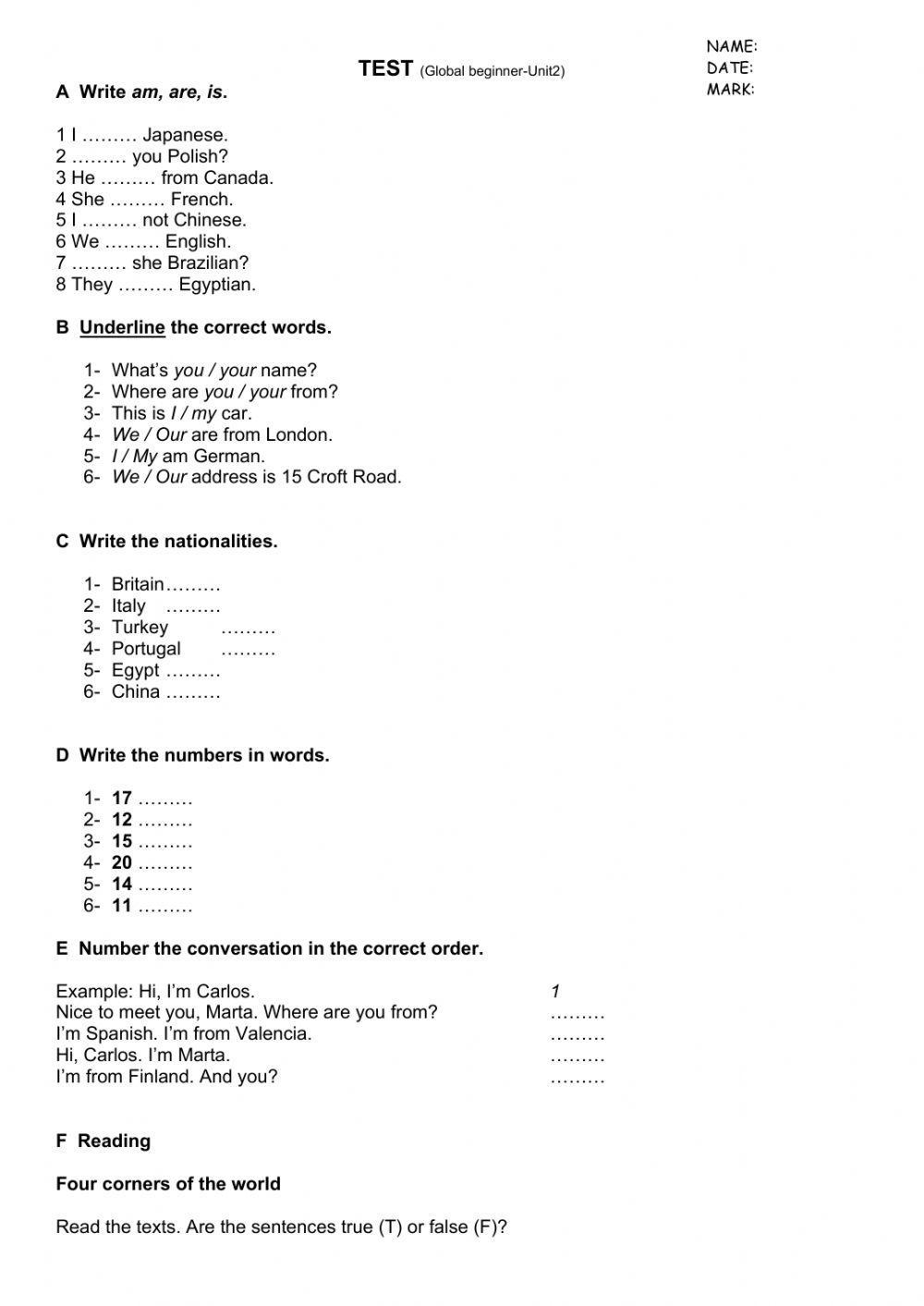 Global Beginner Test Unit 2