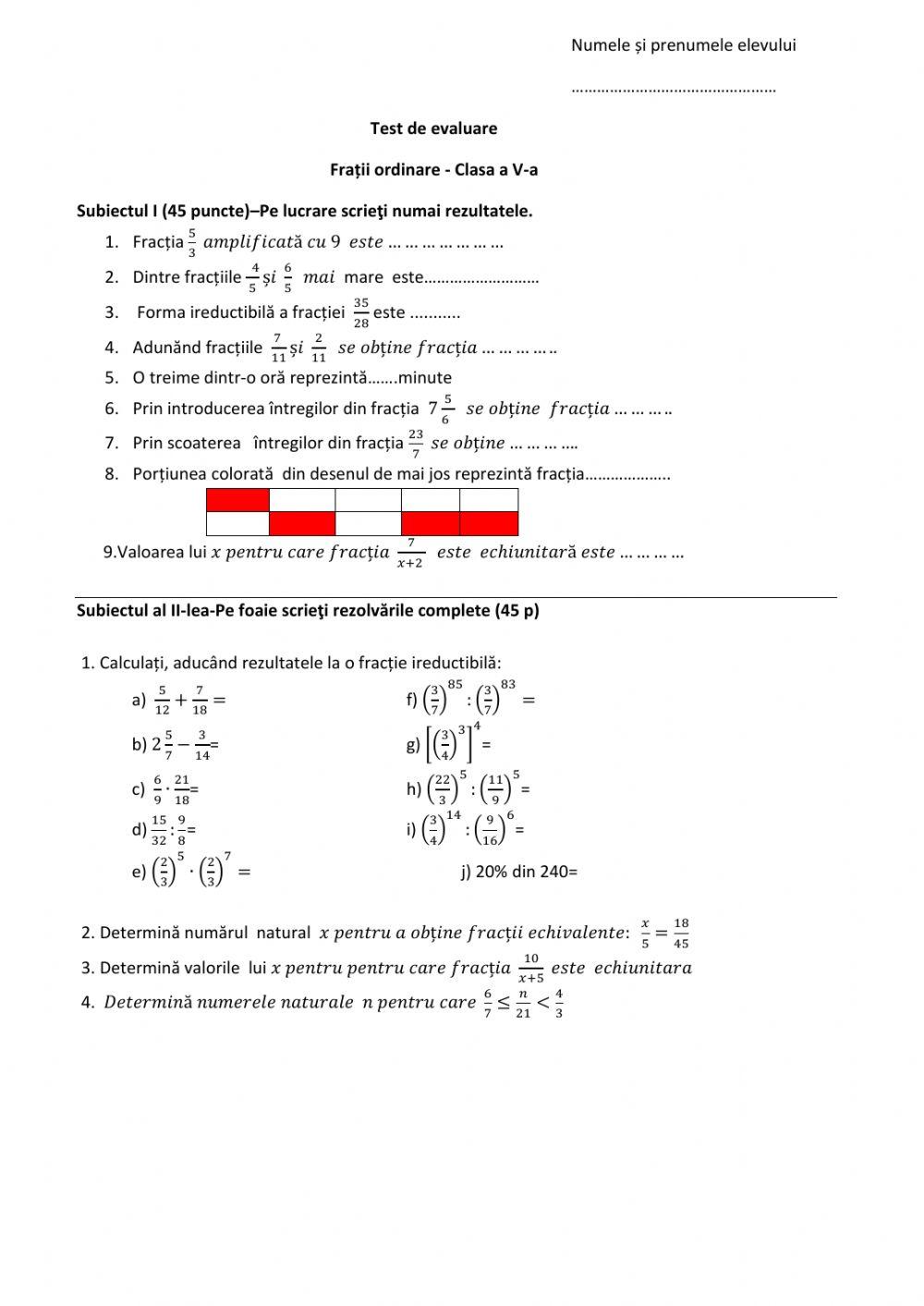 Test de evaluare - fractii ordinare