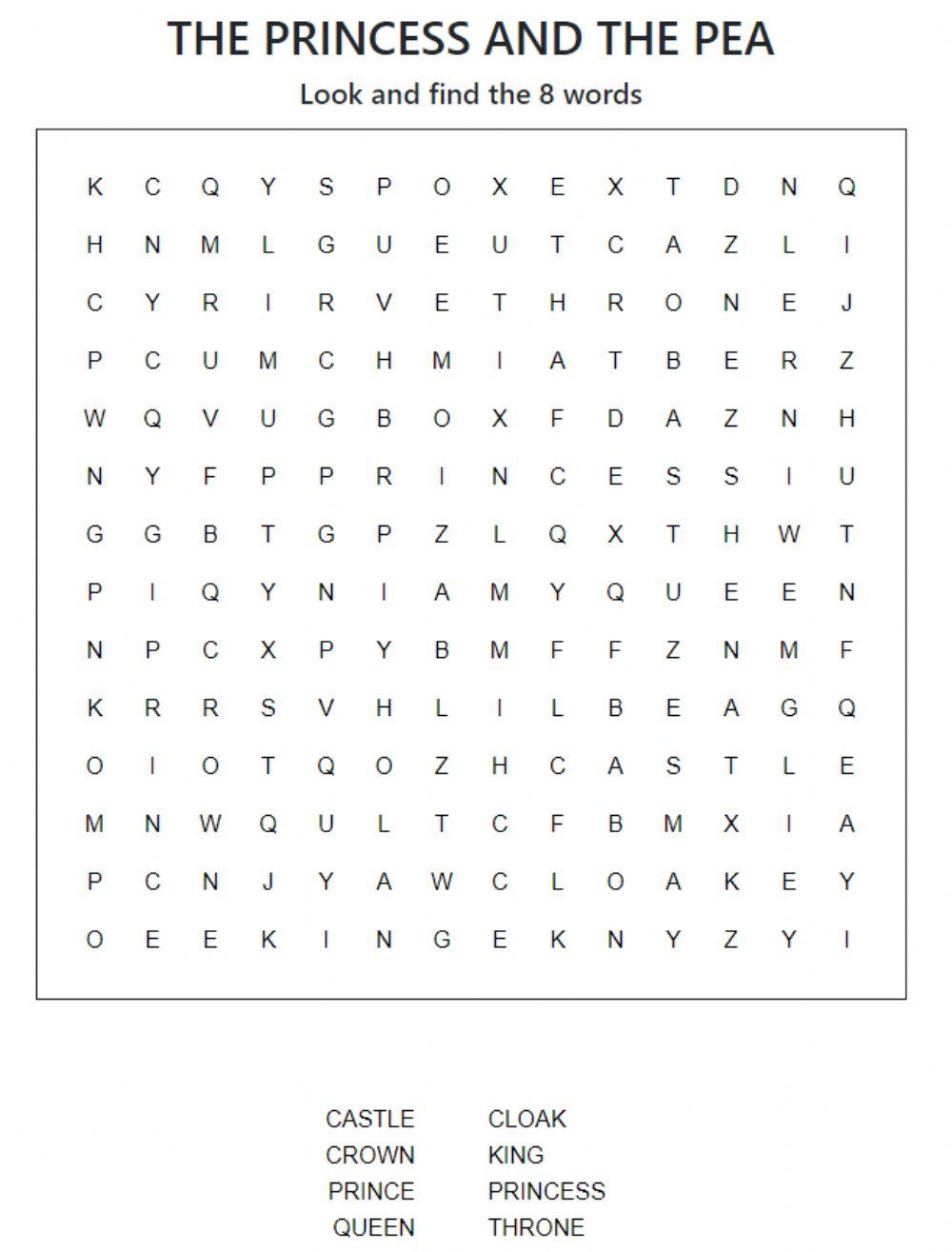 The princess and the pea - wordsearch